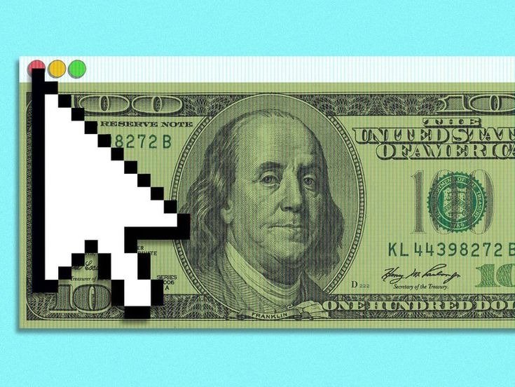 A retro browser window displaying a one-hundred dollar bill with a pixelated mouse cursor