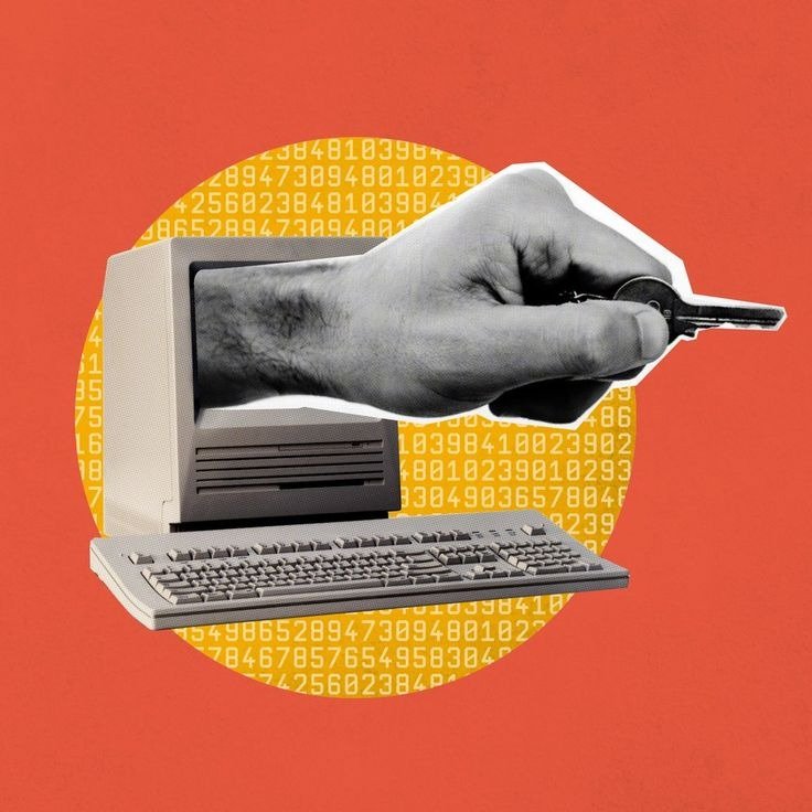 A hand reaching out of a vintage computer monitor holding a key representing AI and marketing