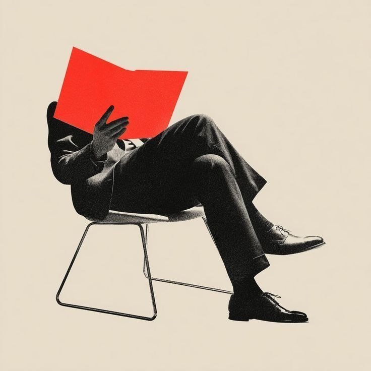 A person in a suit relaxing on a chair holding an open bright red folder in front of their face