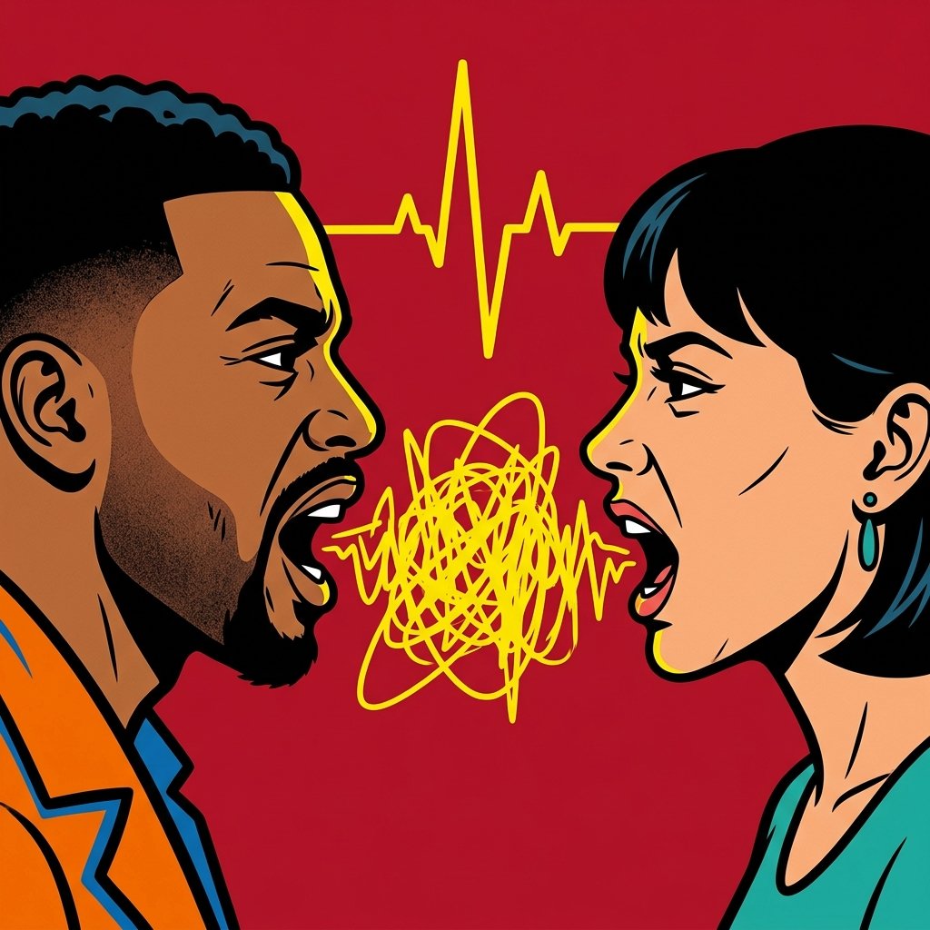 Two faces talking over squiggly lines