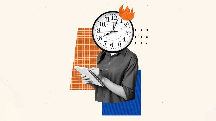 Vintage surreal collage of a person with a clock face head taking notes in a notepad