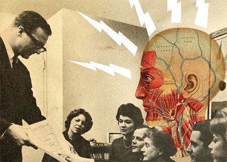 A retro illustration of a brain and critical thinking