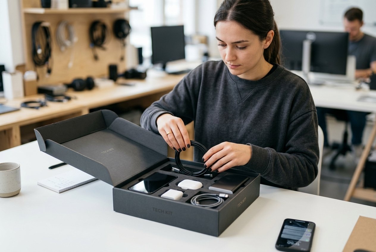 A person carefully packing modern tech accessories into a box