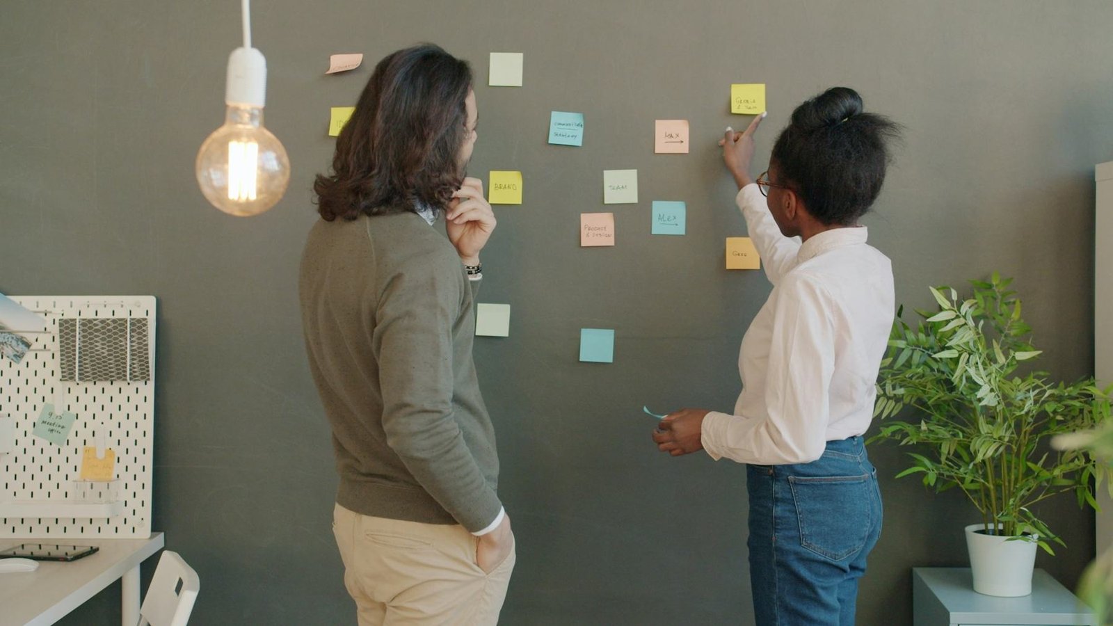 Two people arranging sticky notes on a wall